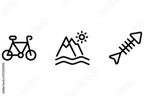 Eco Lifestyle Icon Set – Bicycle, Mountain, and Fish Bone