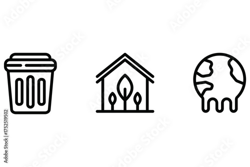 Ecology and Climate Change Icon Set – Trash Bin, Greenhouse, Global Warming Illustration