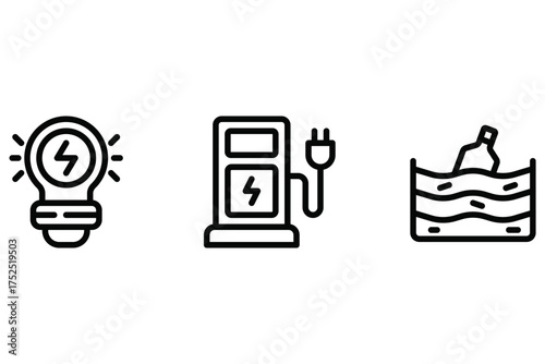 Eco Energy and Pollution Icon Set – Lamp, Green Energy, and Water Pollution