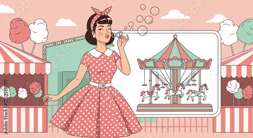 Nostalgic charm: A vintage carnival scene with a girl blowing bubbles evokes fond memories