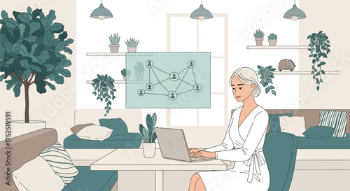 Remote Collaboration: Woman Engaged in Networking on Laptop at Stylish Home Office