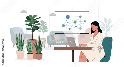 Woman working remotely in a bright modern interior with digital presentation
