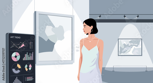Sophisticated lady contemplating abstract art while observing market trends in gallery