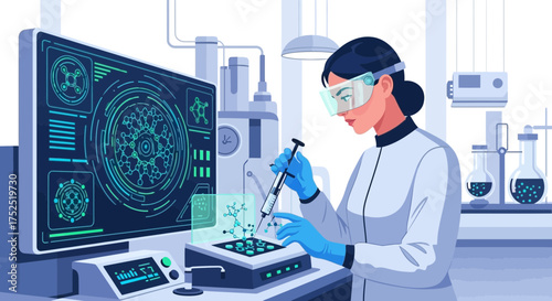 Scientist injecting substance in futuristic laboratory setup for research purposes