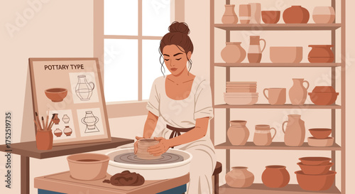Elegance and artistry: a serene depiction of a potter crafting clay vessels with dedication