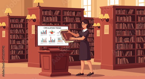 Data insights meeting in library with librarian analyzing book circulation trends