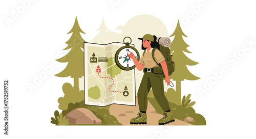 Female adventurer navigating through the forest with a compass and topographic map