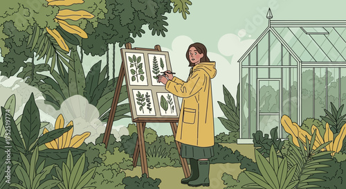Illustrative botanical artist sketching diverse foliage in a lush garden setting
