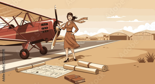 Vintage aviator woman stands before a biplane on the runway with flight plans
