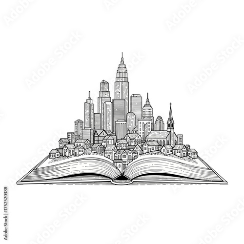 Unleash your imagination with this cityscape rising from a book, inspire creativity, and tell captivating stories, perfect for education and publishing