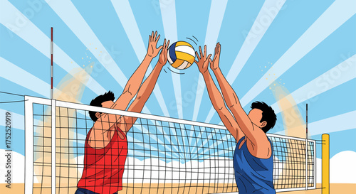 Volleyball players spiking the ball over the net during a beach game.