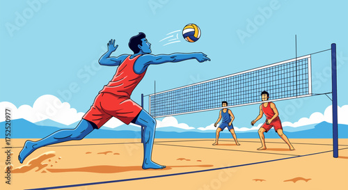 Beach Volleyball Player Spiking the Ball in a Match.