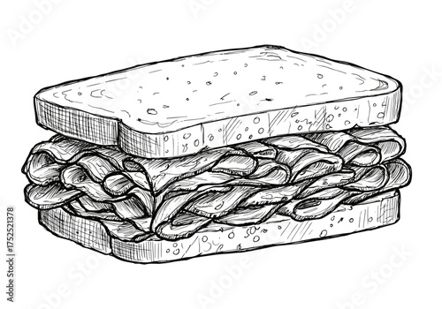 Montreal smoked meat sandwich with rye bread and beef slices, vector drawing for deli and Canadian cuisine theme