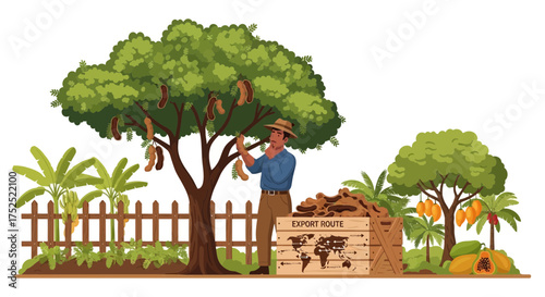 Harvesting tamarind: farmer selecting ripe fruits for export in tropical orchard