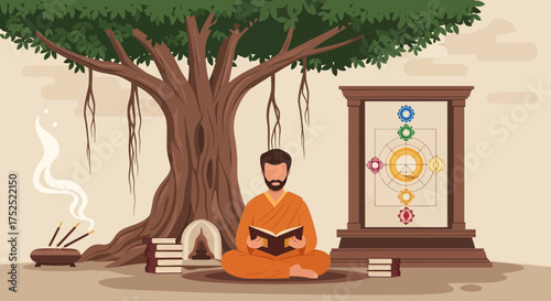 Monk immersed in scholarly pursuits beneath the tranquil canopy of ancient tree