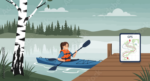 Adventurous woman kayaking on a serene lake using GPS for navigation in nature