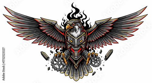 Armored Eagle with Mechanical Claws and Fiery Black Smoke Design.