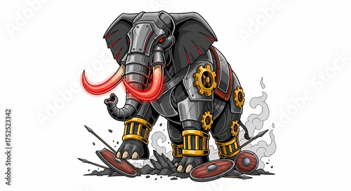 Armored Elephant with Glowing Tusks and Gears Surrounded by Shields and Spears.
