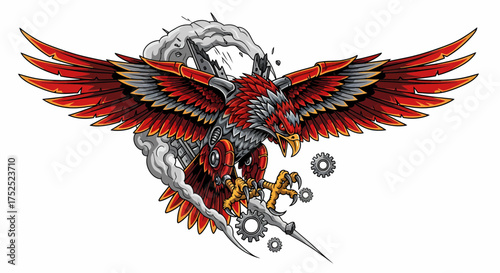 Mechanical Eagle with Red Wings Gears and SteampunkInspired Design.