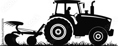 Black tractor plowing field silhouette farming agriculture