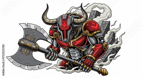 Robotic Minotaur Warrior with Axe Emerging from Stone and Smoke.