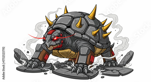 Robotic Turtle with Laser Eyes Destroying Stone Platforms in Action.