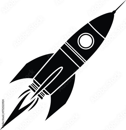 Black rocket ship ascending with flames spaceship space