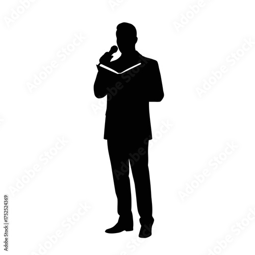 Silhouette of a man speaking into a microphone while holding a book or script