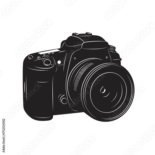 Professional dslr camera with lens detailed close-up studio photography equipment