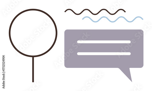 Magnifying glass and speech bubble with wavy lines emphasizing discovery, research, discussion, and insights. Ideal for communication, analysis, creativity, exploration feedback learning. Simple