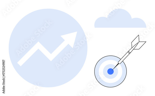 Upward arrow symbolizing progress, dart hitting bullseye representing success, goal setting, strategy, vision, productivity, planning, performance. Ideal for business and personal growth simple flat