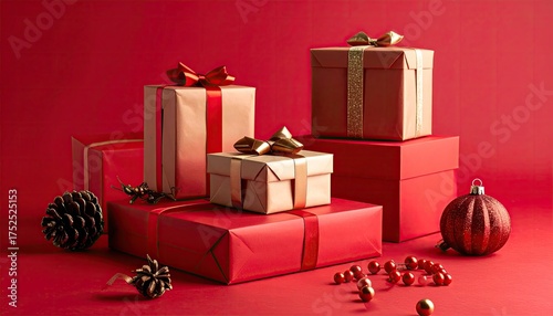 Stack of Christmas Gifts Wrapped in Red and Brown Paper Tied with Golden Ribbons and Bows Next to Pinecones and Red Ornaments on a Red Background with Dramatic Lighting