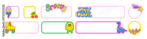 Retro happy sticker pack. Vintage set labels shape for memories, scrapbook trendy cool sticker 90s cartoon comic pins. Naive old school groovy quote horizontal patch badges bundle diary planner vector