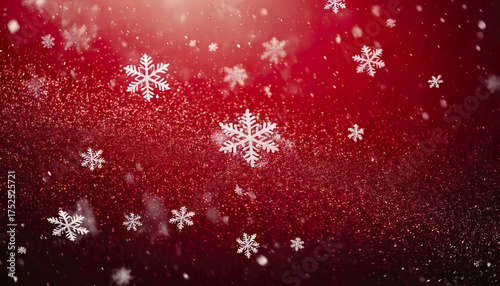 Snowflake winter red background with delicate falling snow and soft ambient glow creating dreamy festive atmosphere in muted tones