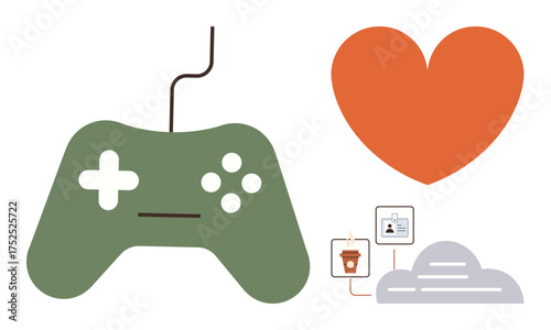 Green gaming controller with cord alongside a red heart, cloud, app icons, and connectivity elements. Ideal for gaming, entertainment, technology, love for games, app development cloud storage