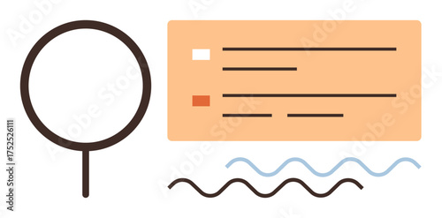 Magnifying glass highlighting a checklist and textured wavy lines for information focus. Ideal for research, analytics, evaluation, review, inspection, education, and focus concept. Simple flat