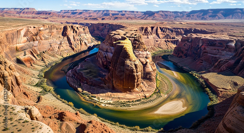 Panoramic view of horseshoe bend, a famous meander of the colorado river near page, arizona, showcasing its stunning natural beauty and geological formation