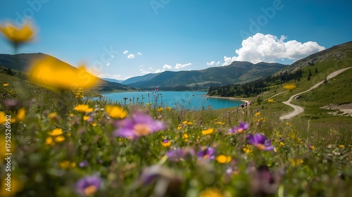 Alpine lake surrounded by mountains and blooming meadow under a clear summer sky