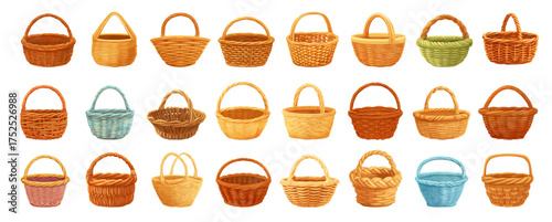 Cartoon natural wicker and straw baskets set. Decorative rustic storage containers for picnic, shopping, or interior. Vector illustration