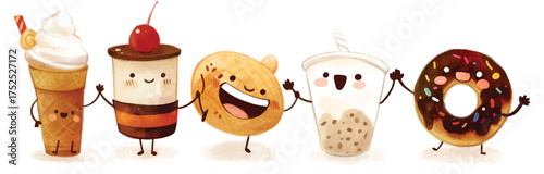 A Cheerful Gathering of Delights: A charming array of beloved treats, from ice cream to donuts, come together in a heartwarming display of friendship and fun.