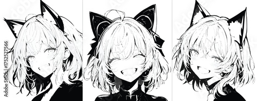 Anime style Cat Girl in Monochromatic: Expressive and captivating, these anime-styled cat girls radiate an aura of innocence, rendered in elegant monochrome tones