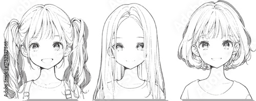 Youthful Expressions: Three young girls with diverse hairstyles and facial expressions, capturing the essence of innocent charm and unique personalities.