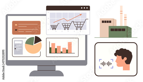 Analytics dashboard with charts, graphs, shopping carts on a computer, user voice recognition, and factory buildings. Ideal for data analysis, e-commerce, AI, manufacturing performance statistics