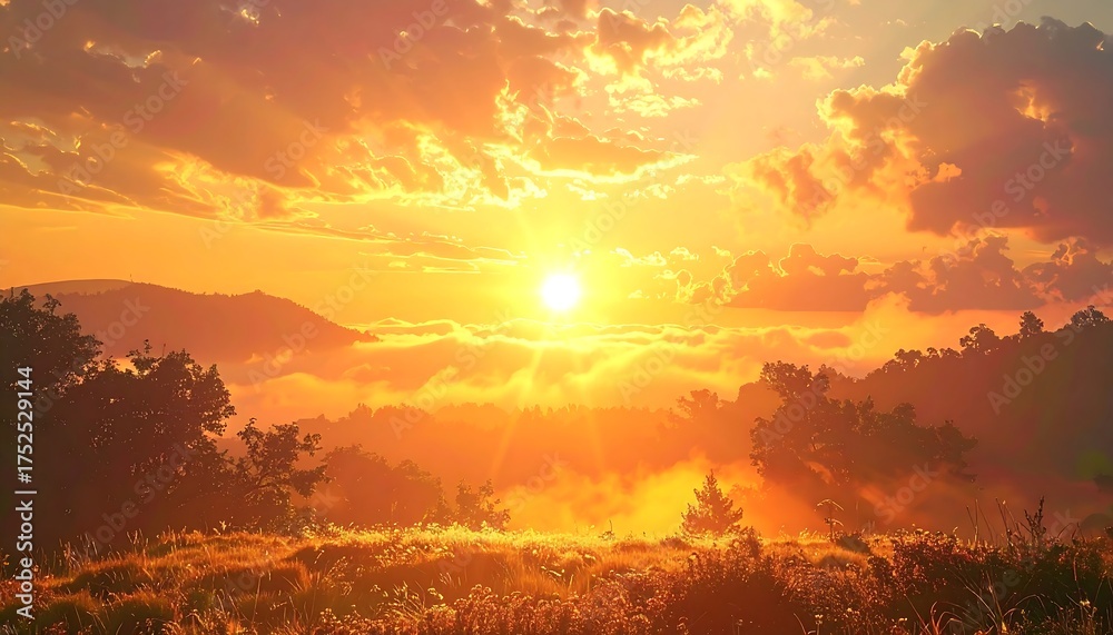 Fototapeta premium Golden Hour Sunrise Over Rolling Hills Bathed in Warm, Radiant Sunlight