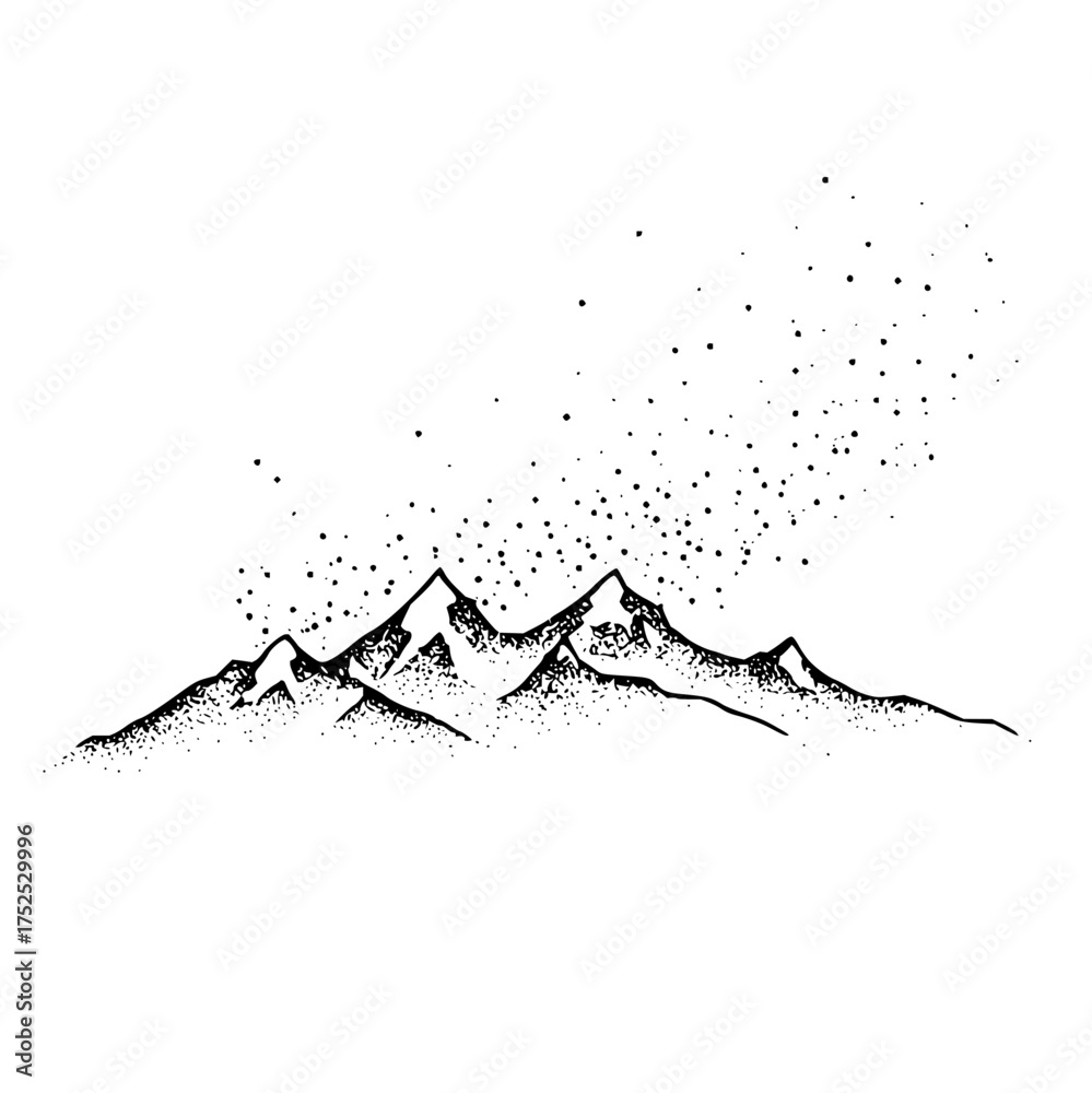 Obraz premium Mountain range illustration black and white drawing peaks landscape scenic view starry sky artistic design