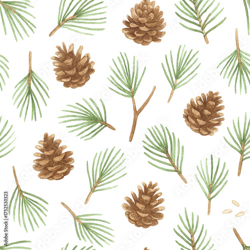 Seamless Watercolor Pattern of Pine Branches and Cones on White Background