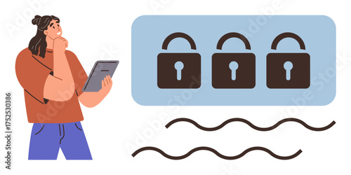 Person holding tablet, looking at three padlocks on screen, symbolizing data security. Ideal for cybersecurity, privacy, encryption, online safety, decision-making, digital security problem-solving