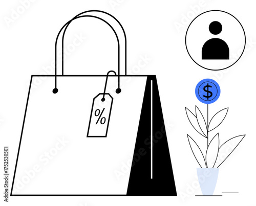 Shopping bag with a percentage tag, dollar sprouting plant in pot, and user profile icon. Ideal for business, e-commerce, finance, sustainability, marketing shopping simplicity. Flat simple