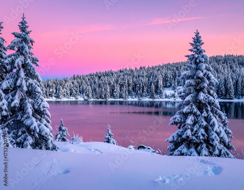 Winter landscape with snowy pine trees, frozen lake, and pink sunset sky in serene mountain scenery