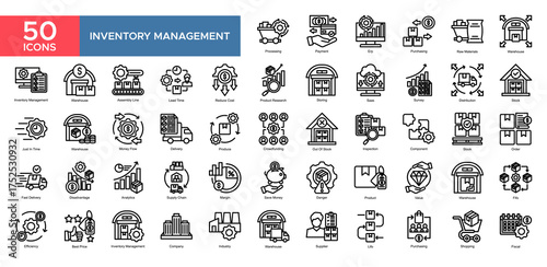 Inventory Management  collection set. Warehouse, Management, Efficiency, Distribution,Stock, Processing , Value, Product, icon. Simple outline vector illustration